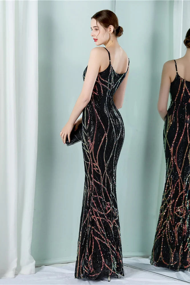 Fabulous Spaghetti-Straps V-Neck Sequins Evening Dress Mermaid Long-BallBride