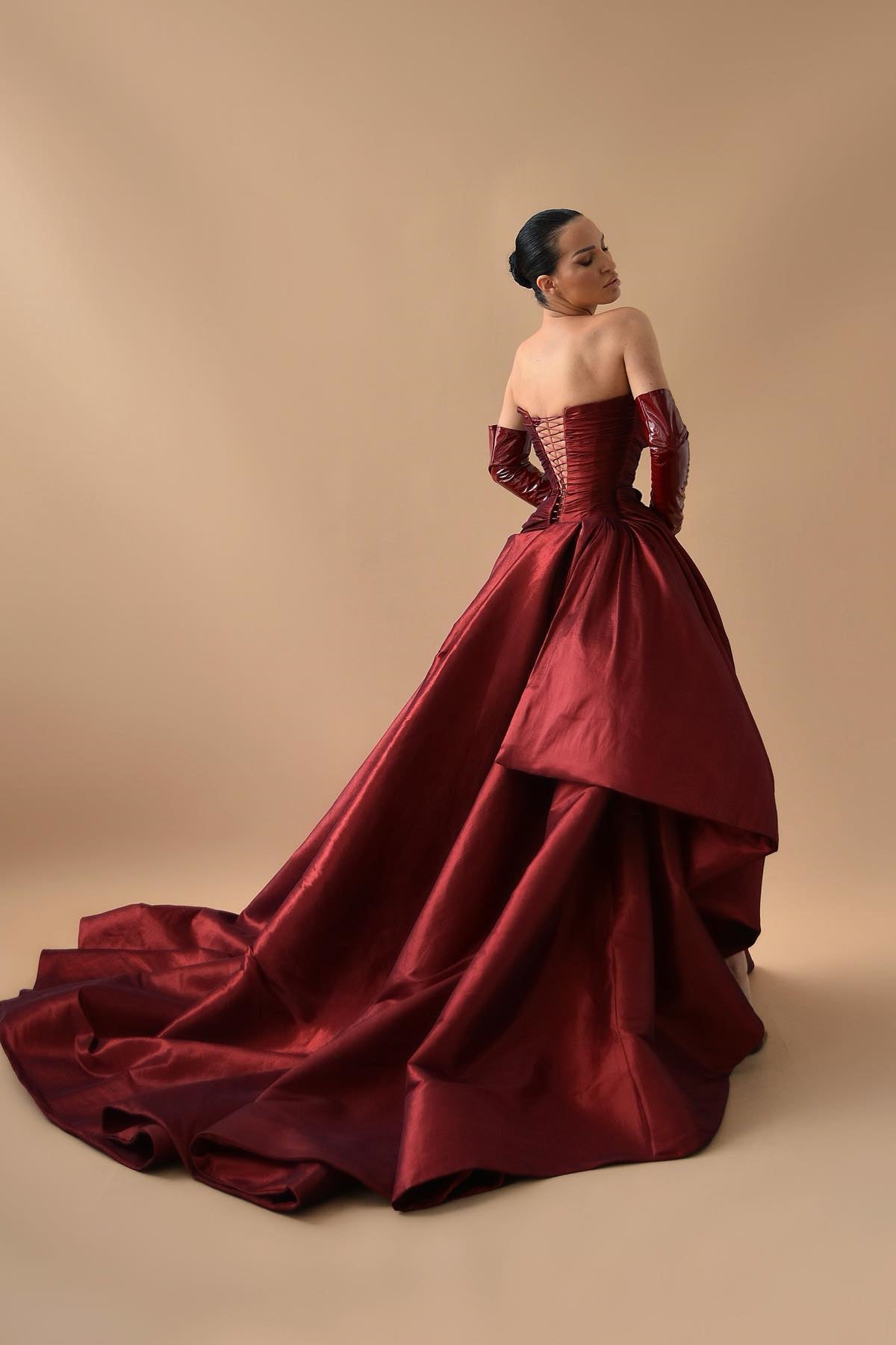 Fabulous Strapless Burgundy Prom Dress with Pleats and High Split Long-Occasion Dress-BallBride