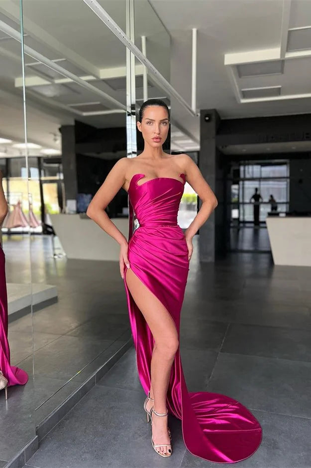 Fabulous Strapless Fuchsia Mermaid Evening Dress Long With Split-BallBride