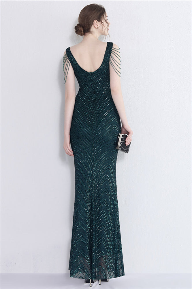 Fabulous V-Neck Mermaid Prom Dress With Long Sequins and Drop Beads on Shoulder-Occasion Dress-BallBride