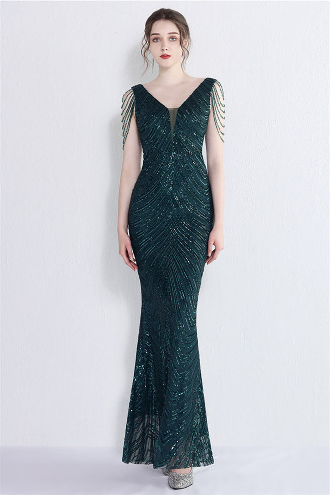 Fabulous V-Neck Mermaid Prom Dress With Long Sequins and Drop Beads on Shoulder-Occasion Dress-BallBride