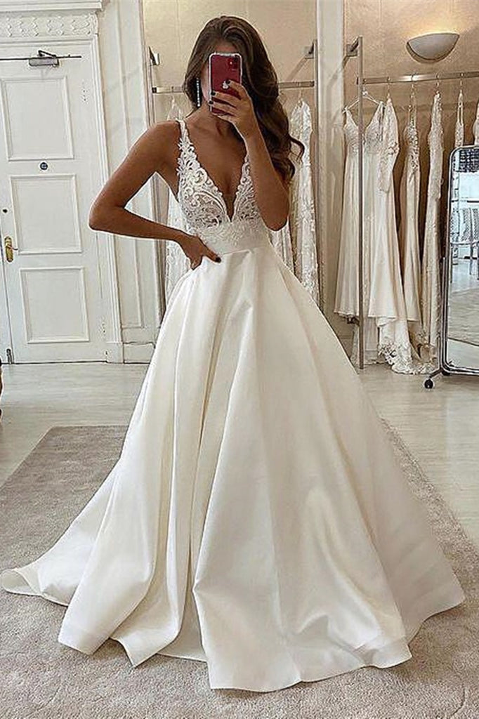 Fabulous V-Neck Sleeveless Appliques Long Wedding Dress-Wedding Dresses-BallBride