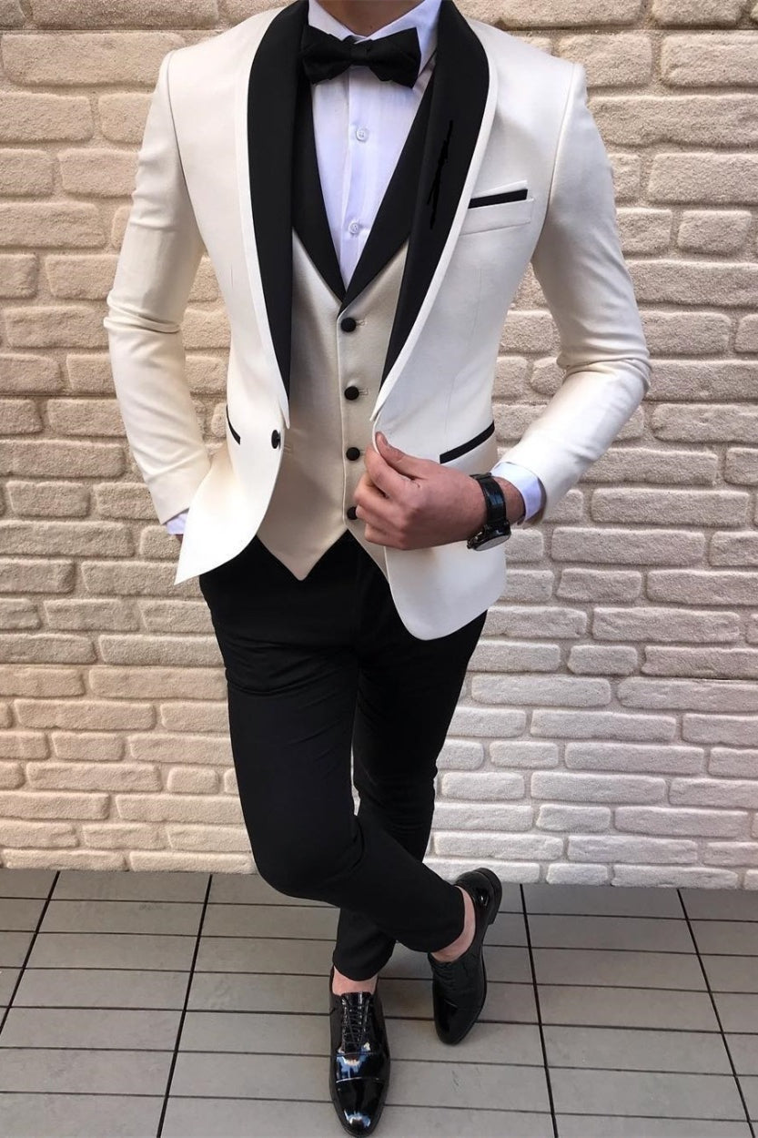 Fancy Black-and-White Shawl Lapel Wedding Suits with Waistcoat-Wedding Suits-BallBride