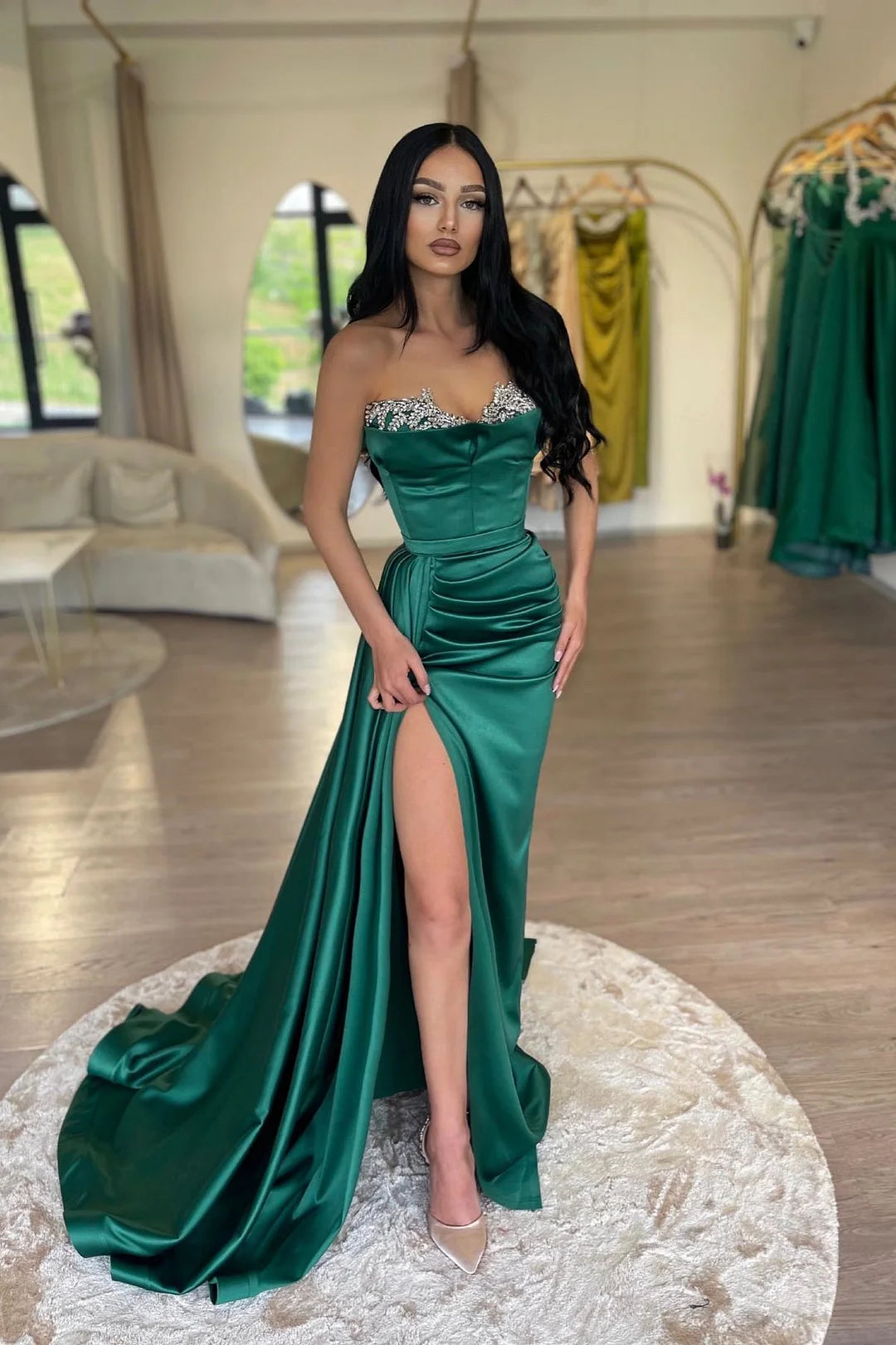 Fashion Dark Green Sweetheart Mermaid Evening Dress Pleats Beadings With Split-BallBride