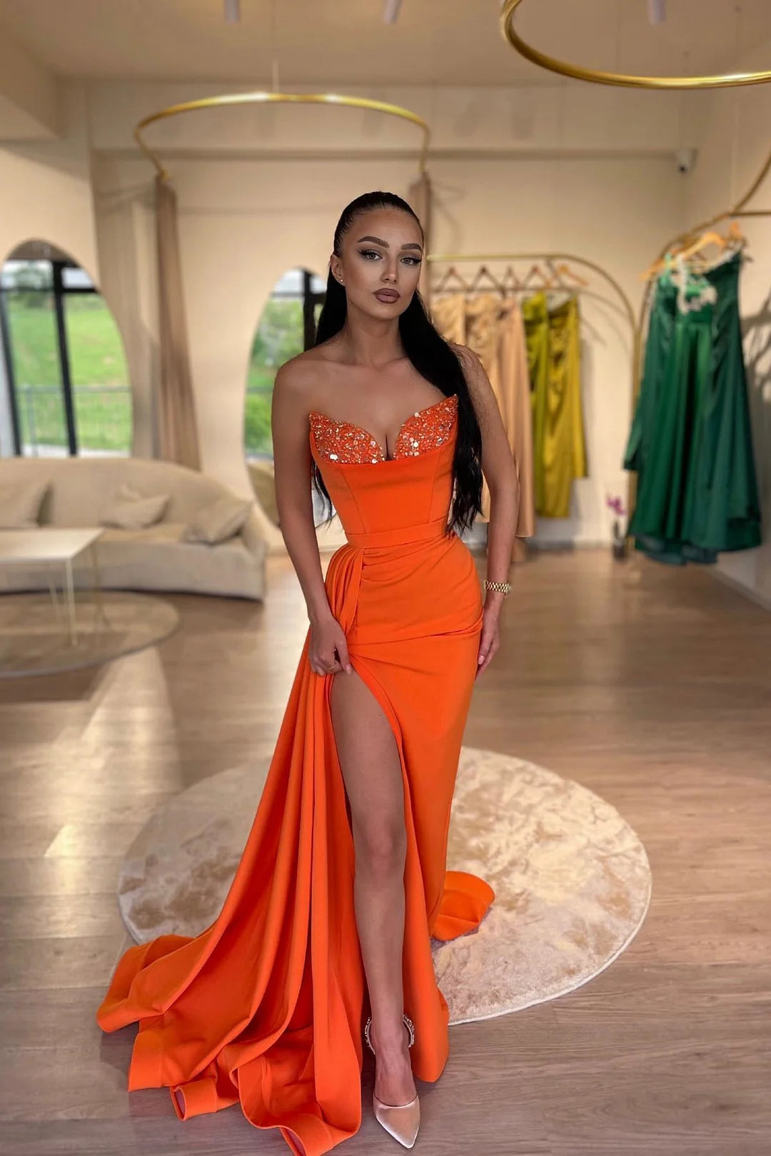Fashion Orange Sweetheart Sleeveless Mermaid Evening Dress Sequins With Split-BallBride