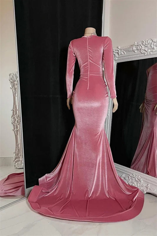 Fashion Pink V-Neck Long Sleeves Mermaid Evening Dress Velvet With Split-BallBride