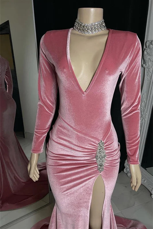 Fashion Pink V-Neck Long Sleeves Mermaid Evening Dress Velvet With Split-BallBride