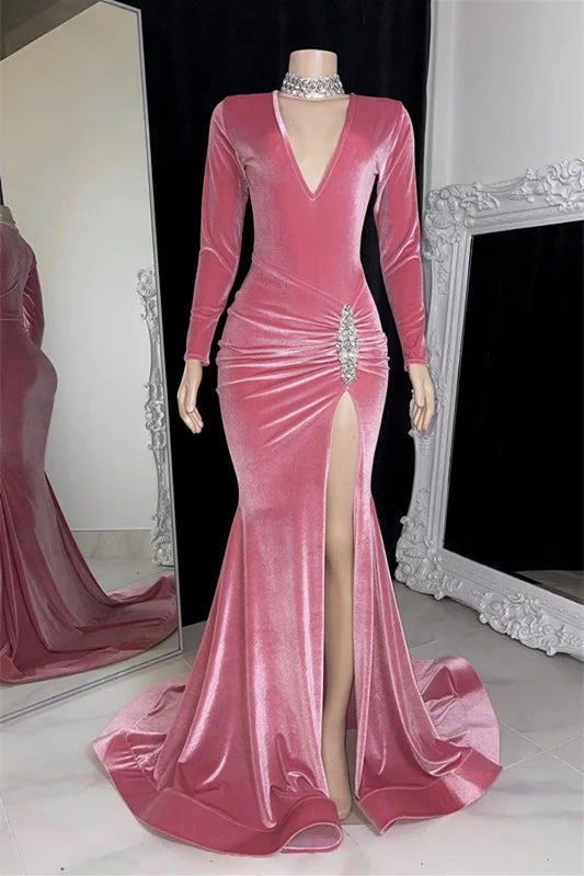 Fashion Pink V-Neck Long Sleeves Mermaid Evening Dress Velvet With Split-BallBride