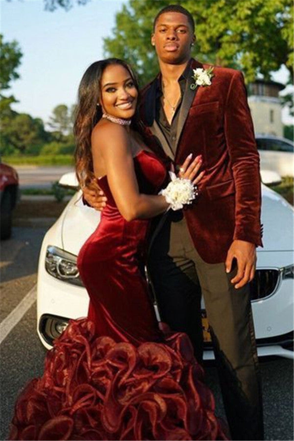 Fashion Red Business Suit with Black Velvet Shawl Lapel Reception Prom-Prom Suits-BallBride