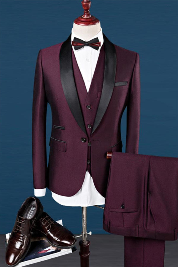 Formal Burgundy Slim Fit 3 Piece Shawl Lapel Groomsmen Suit-Wedding Suits-BallBride