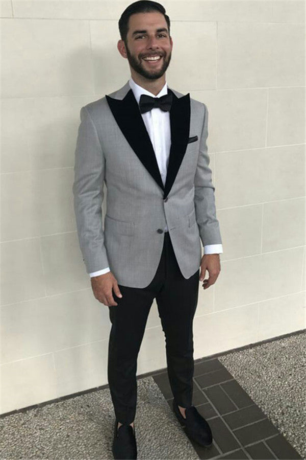 Formal Grey Slim Fit Business Suit with Black Peaked Lapel-Wedding Suits-BallBride