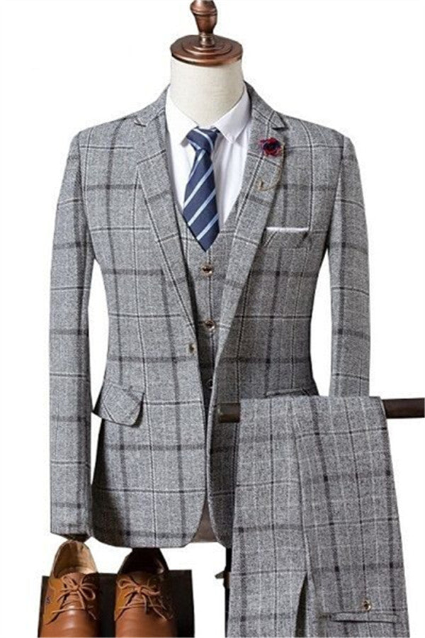 Formal Plaid Easy Fit Business Men Suits with Notched Lapel-Wedding Suits-BallBride