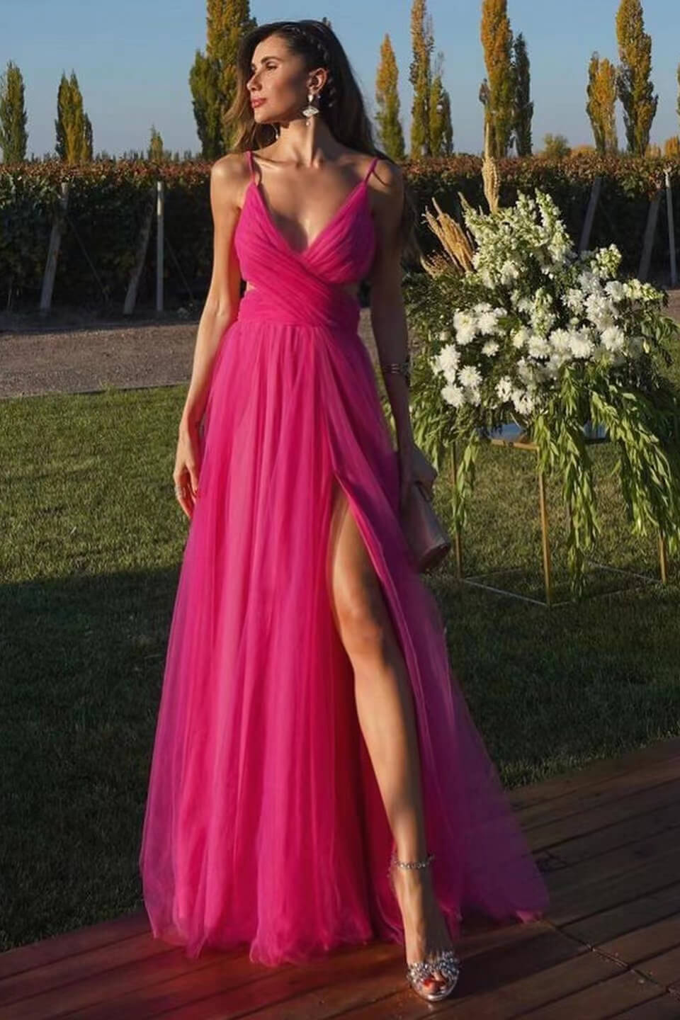 Fuchsia A-Line Tulle Prom Dress with Spaghetti Straps & Split-BallBride