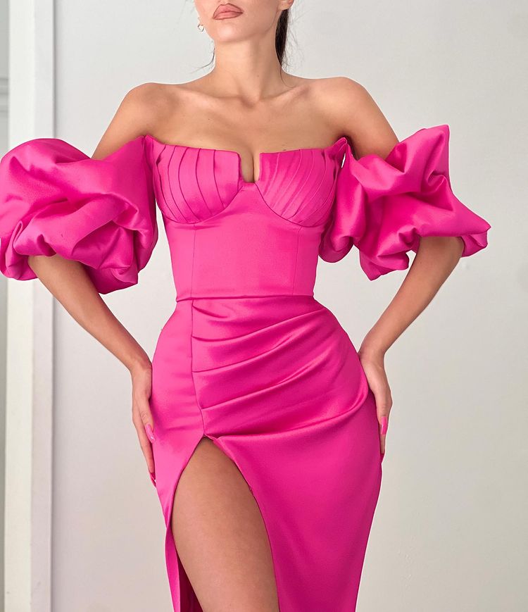 Fuchsia Strapless Evening Dress With Puff Sleeves & Split for Special Occasions-BallBride