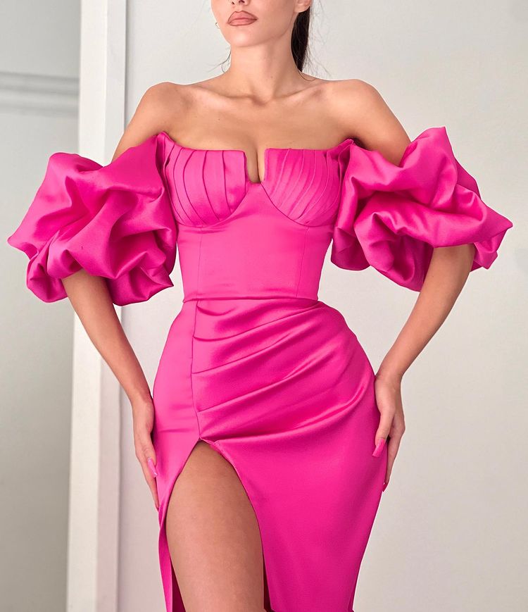 Fuchsia Strapless Evening Dress With Puff Sleeves & Split for Special Occasions-BallBride