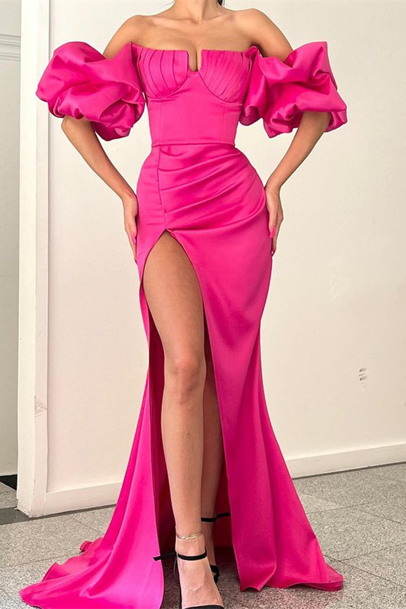 Fuchsia Strapless Evening Dress With Puff Sleeves & Split for Special Occasions-BallBride