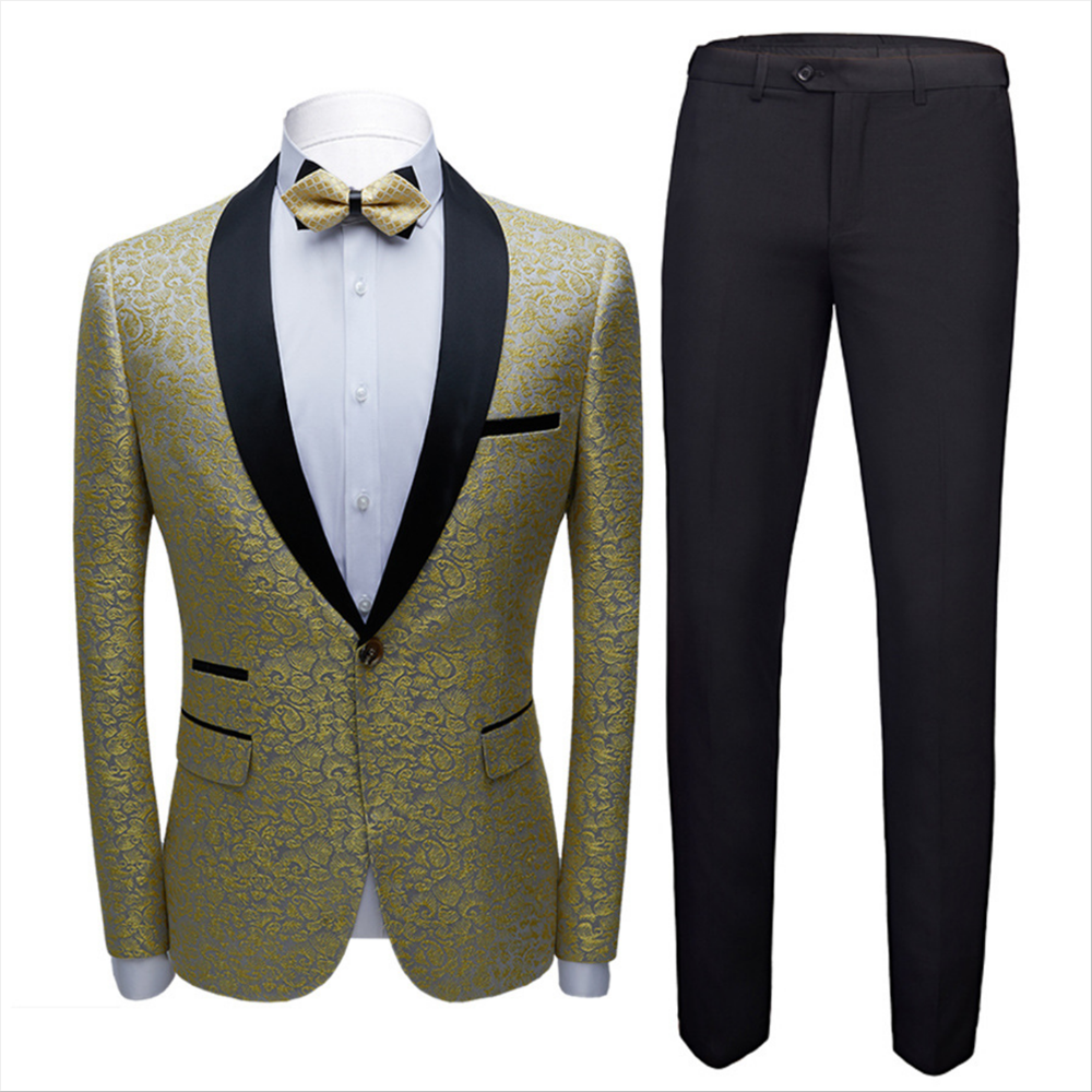 Gentle Black One-Button Shawl Lapel Wedding Suit with Jacquard-Wedding Suits-BallBride