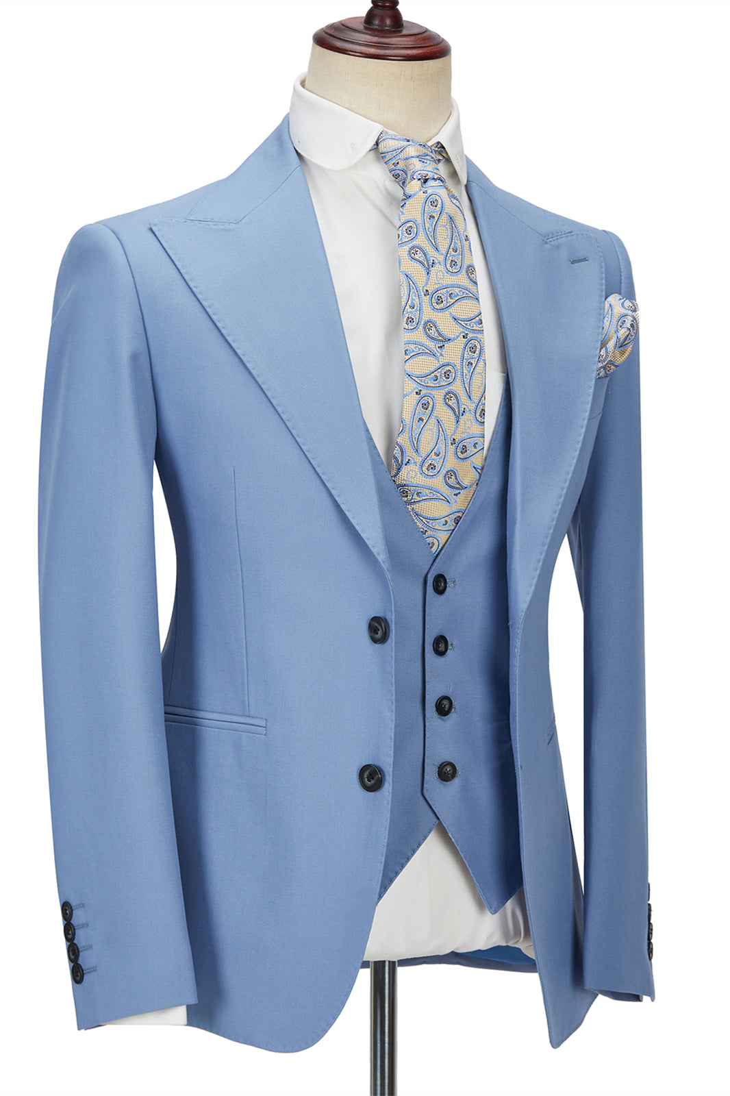 Gentle Blue Peak Lapel Men's Suit | 3 Piece Formal Suit without Flap-Wedding Suits-BallBride