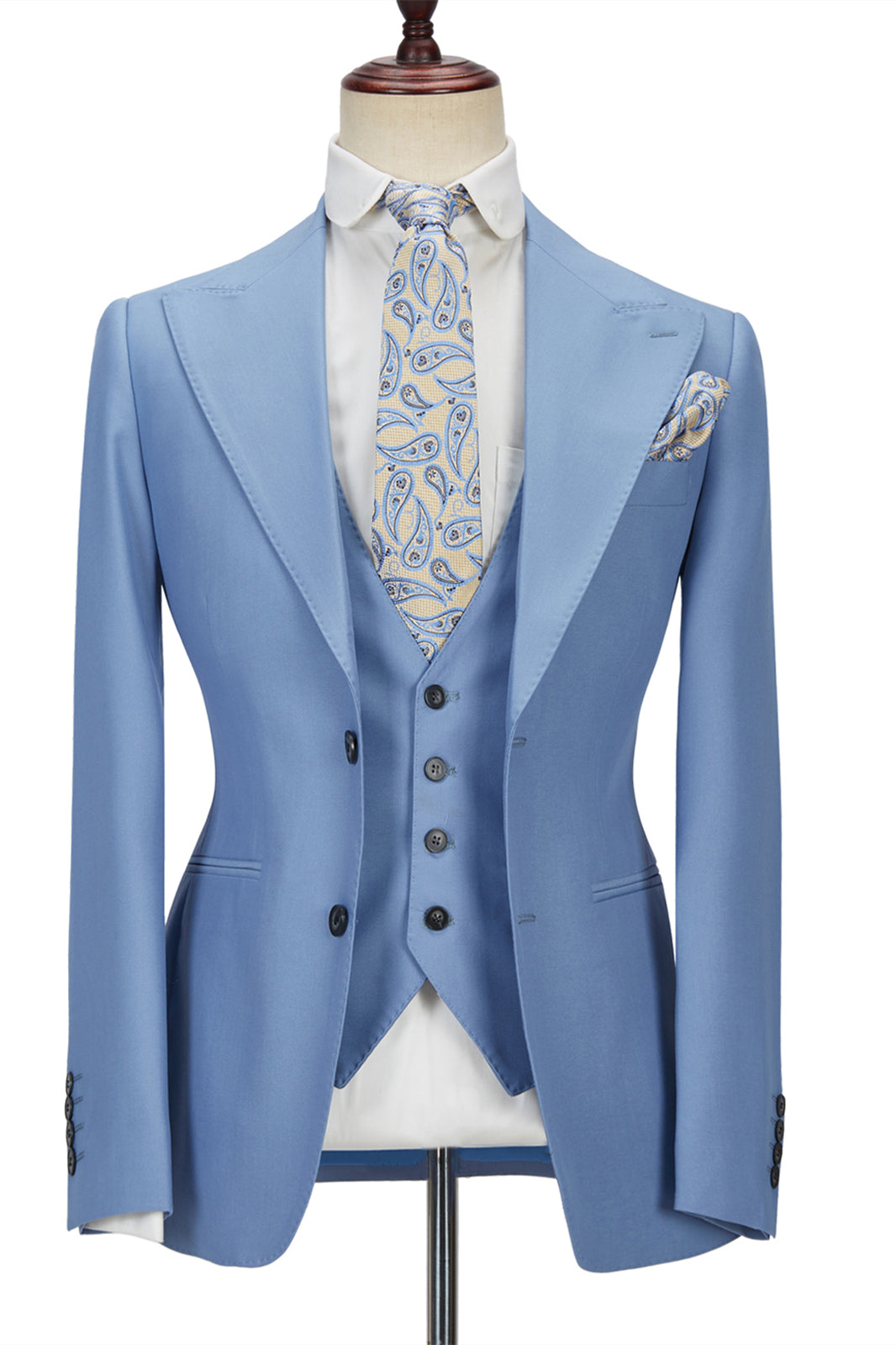 Gentle Blue Peak Lapel Men's Suit | 3 Piece Formal Suit without Flap-Wedding Suits-BallBride