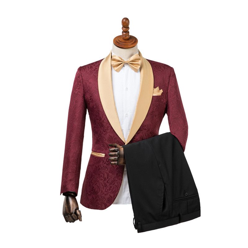 Gentle Burgundy Shawl Lapel Men's Wedding Suit With Jacquard-Wedding Suits-BallBride