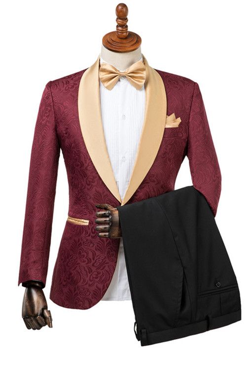 Gentle Burgundy Shawl Lapel Men's Wedding Suit With Jacquard-Wedding Suits-BallBride