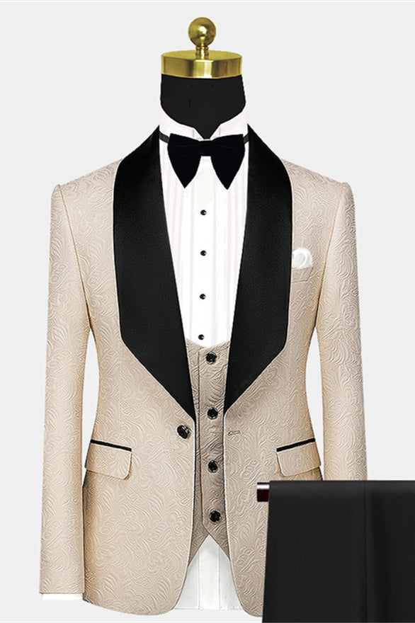 Gentle Champagne Floral Jacquard Wedding Suit with Black Large Lapel-Wedding Suits-BallBride