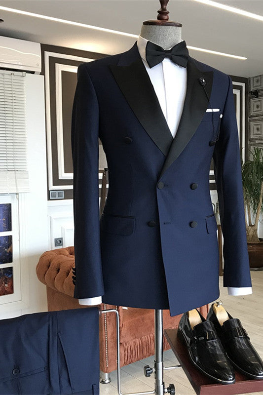 Gentle Dark Navy Prom Suits for Guys with Double Breasted Peaked Lapel-Prom Suits-BallBride