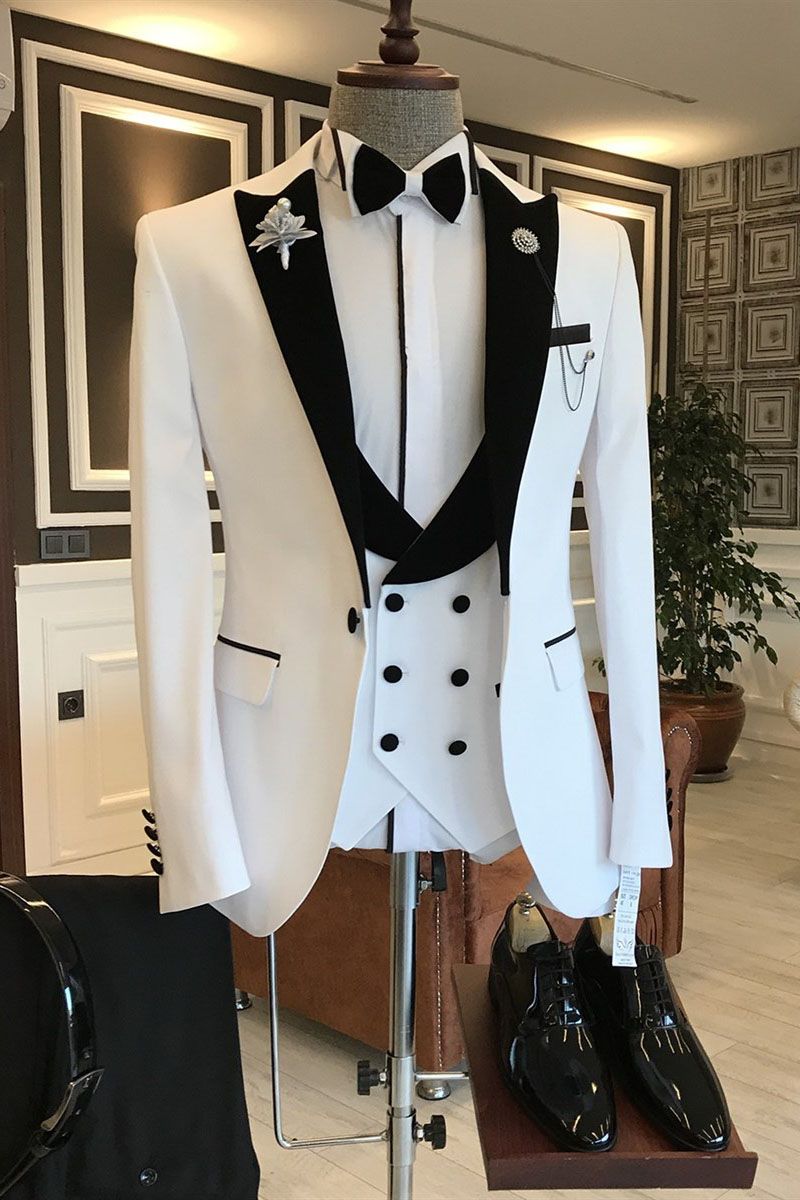 Gentle One Button Prom Attire for Guys - White Mixed Black with Peaked Lapel-Prom Suits-BallBride