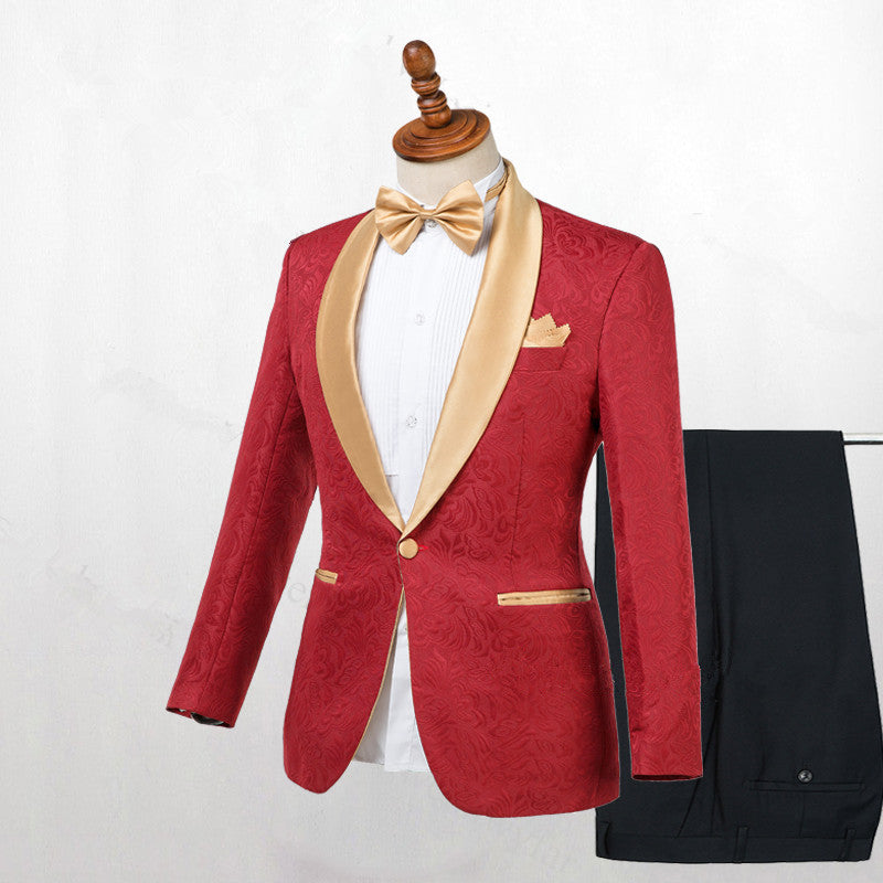 Gentle Red Shawl Lapel Jacquard Men's Wedding Suit with One Button-Wedding Suits-BallBride