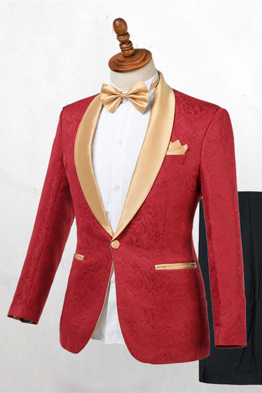 Gentle Red Shawl Lapel Jacquard Men's Wedding Suit with One Button-Wedding Suits-BallBride