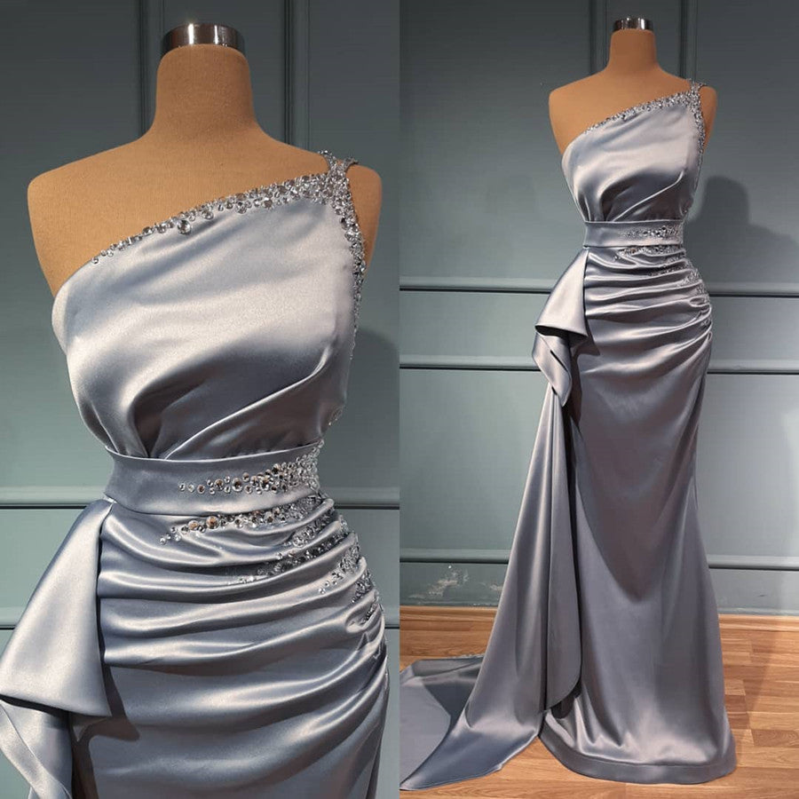 Glam Up with One Shoulder Beadings Prom Dress Shiny Sliver & Belts Online-BallBride