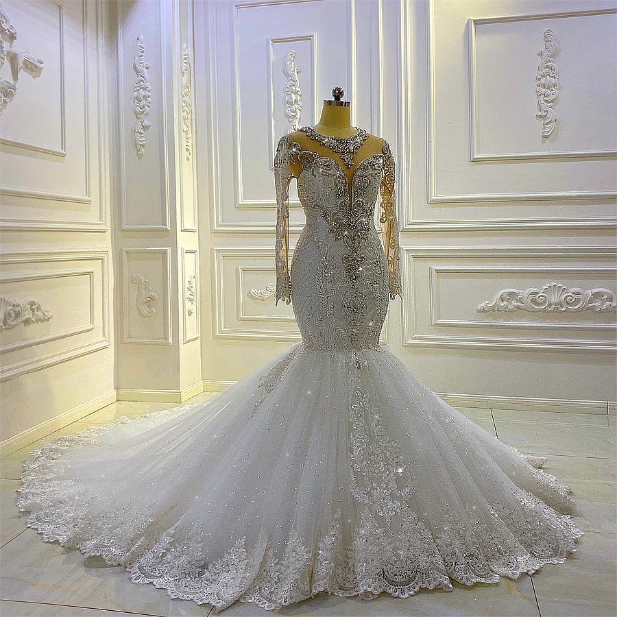 Glamorous Bateau Long Sleeves Pearl Sequins Mermaid Wedding Dress with Lace Appliques Beading-Wedding Dresses-BallBride