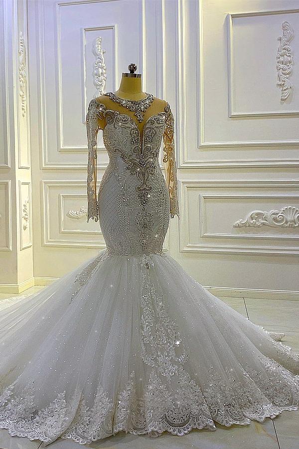 Glamorous Bateau Long Sleeves Pearl Sequins Mermaid Wedding Dress with Lace Appliques Beading-Wedding Dresses-BallBride