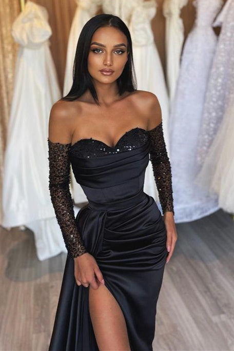 Glamorous Black Sequins Mermaid Evening Dress With Split-Evening Dresses-BallBride