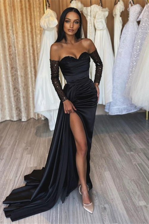 Glamorous Black Sequins Mermaid Evening Dress With Split-Evening Dresses-BallBride