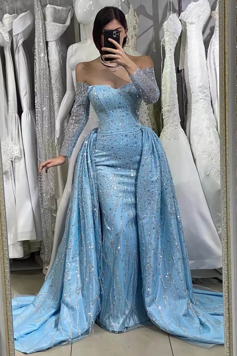 Glamorous Blue Evening Dress with Long Sleeves and Beads-BallBride