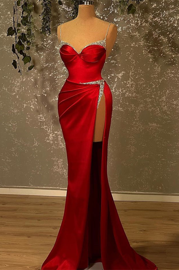 Glamorous Burgundy Mermaid Prom Dress with Spaghetti-Straps and Beadings-BallBride