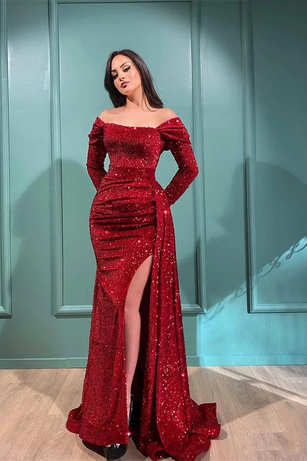 Glamorous Burgundy Sequins Mermaid Evening Dress Slit Ruffles With Long Sleeves-BallBride