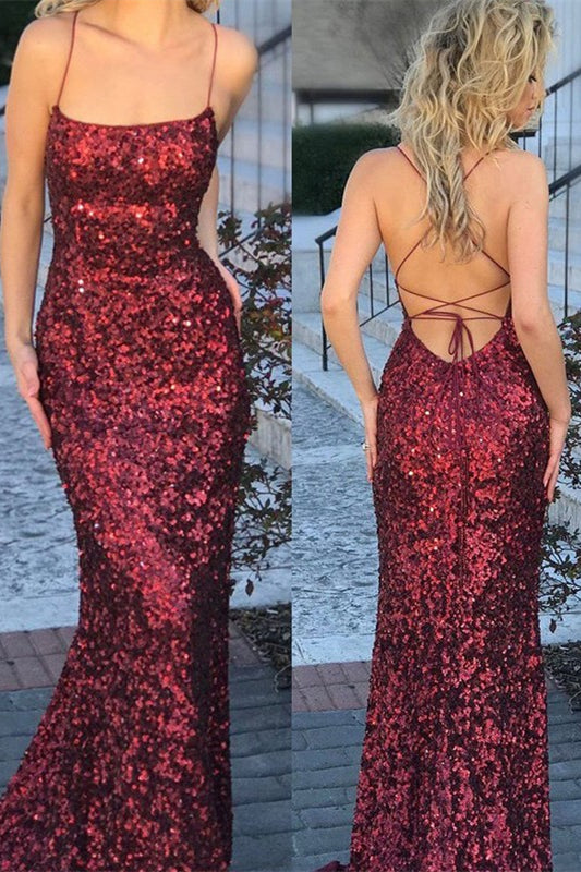 Glamorous Burgundy Sequins Mermaid Prom Dress-BallBride