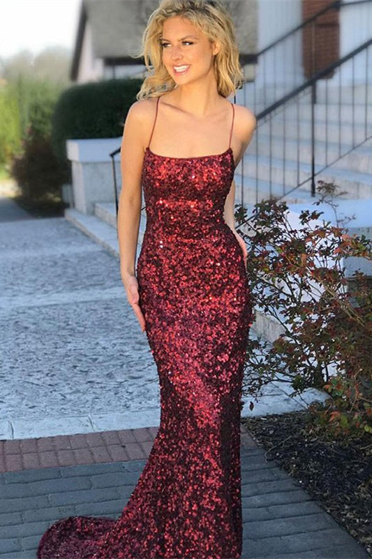 Glamorous Burgundy Sequins Mermaid Prom Dress-BallBride