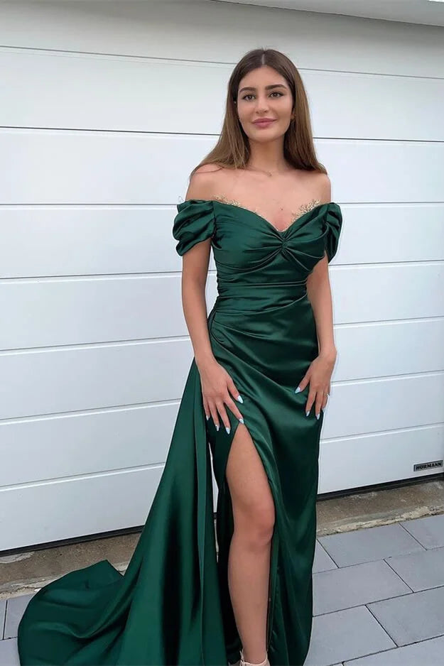 Glamorous Dark Green Off-the-Shoulder Evening Dress Mermaid Split WIth Ruffles-BallBride