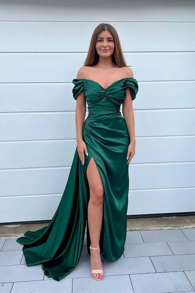 Glamorous Dark Green Off-the-Shoulder Evening Dress Mermaid Split WIth Ruffles-BallBride