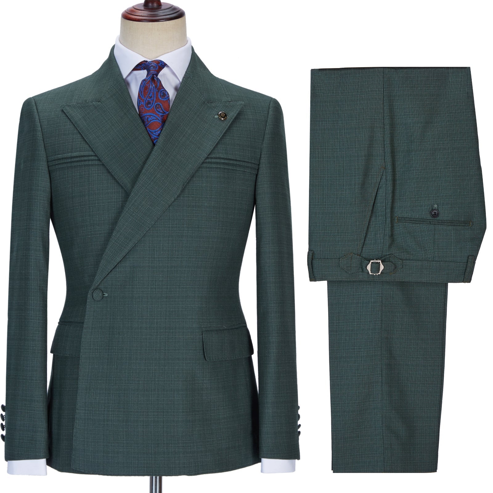 Glamorous Dark Green Peaked Lapel Wedding Suit with Ruffles-Prom Suits-BallBride