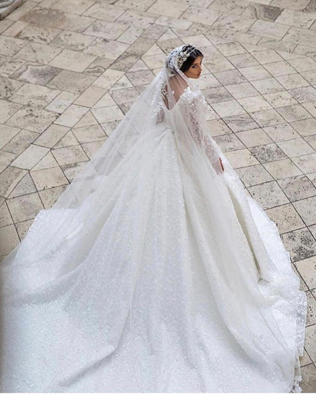 Glamorous Deep V-Neck Long Sleeve Train Wedding Dress with Lace Appliques-Wedding Dresses-BallBride