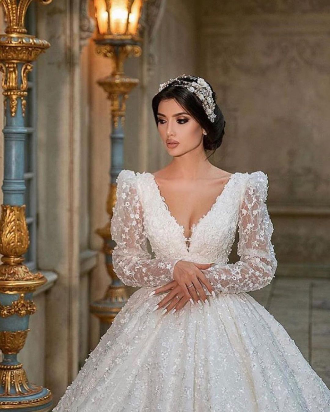 Glamorous Deep V-Neck Long Sleeve Train Wedding Dress with Lace Appliques-Wedding Dresses-BallBride