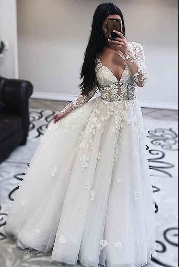 Glamorous Deep V-Neck Long Sleeve Wedding Dress with Lace Appliques-Wedding Dresses-BallBride
