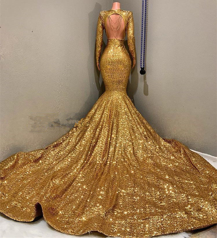 Glamorous Gold Mermaid Prom Dress with Long Sleeves and V-Neck Applique-BallBride