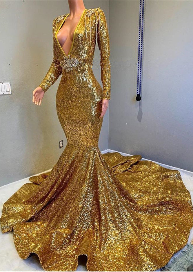 Glamorous Gold Mermaid Prom Dress with Long Sleeves and V-Neck Applique-BallBride