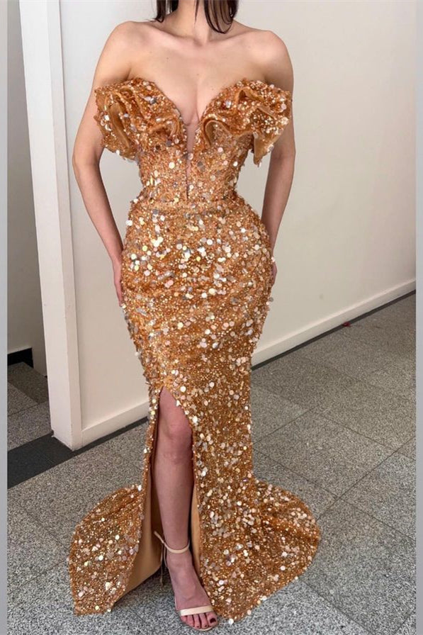 Glamorous Gold Sequins Mermaid Evening Dress Sleeveless-Evening Dresses-BallBride