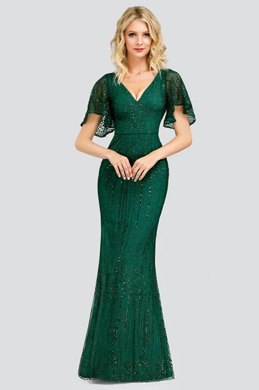 Glamorous Green Short Sleeve Prom Dress Long Mermaid Evening Gowns With Beadings-BallBride